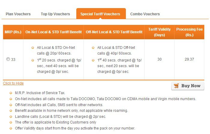 Tata Docomo Recharge Chart