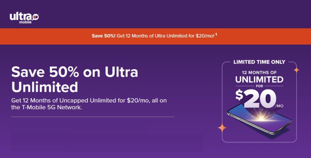 Ultra Mobile offer ultimate Prepaid $20/Month Unlimited 5G Plan